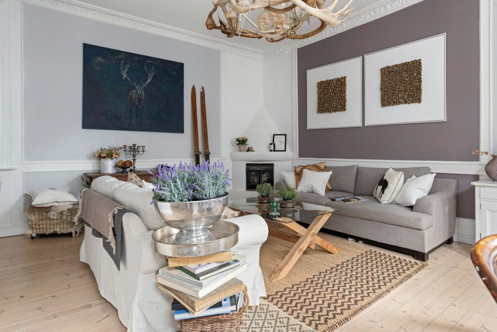 A living room filled with furniture and a chandelier